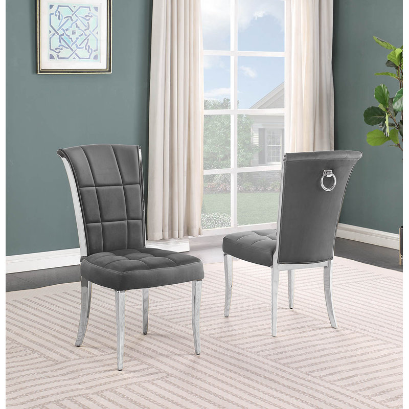 Kalaiya 18'' H Velvet Upholstered Dining Chair, Dark Gray, Silver