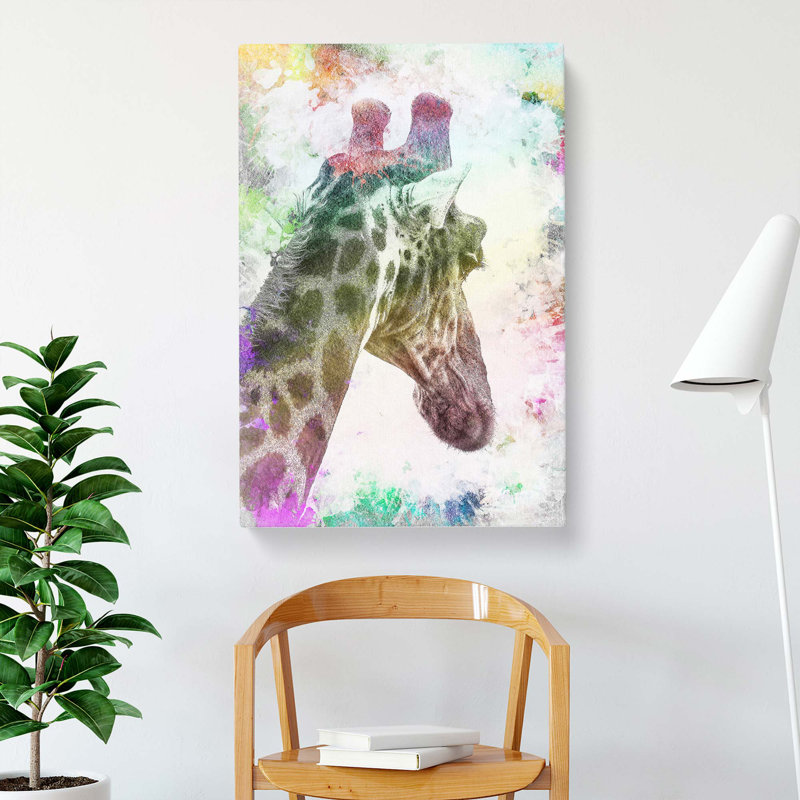 Giraffe Facing The Rainbow In Abstract - Wrapped Canvas Painting, 60cm H x 40cm W x 3cm D