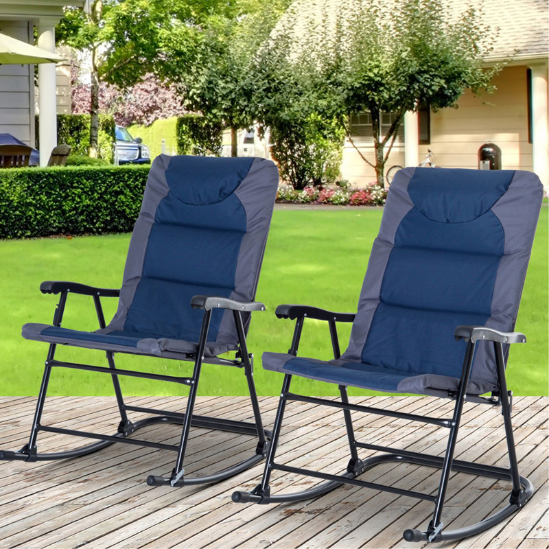 Navy Blue Outdoor Rocking Chairs, 2 Patio Furniture , Foldable For Porch, Camping, Balcony, With Soft 2 Piece And Folding In Blue, Support