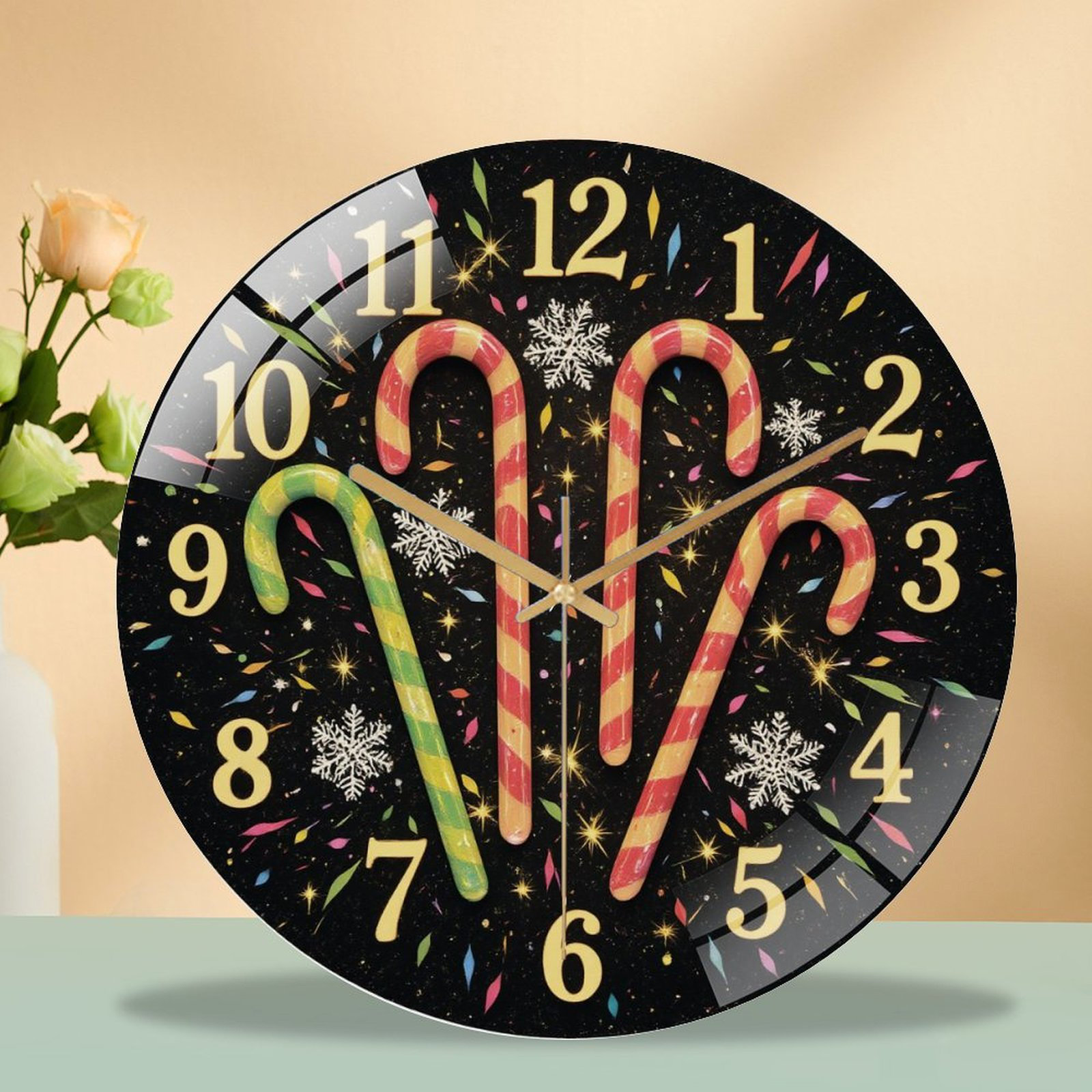 Dakota Fields Clock-Face-Candy-Canes-Snowflakes Art - 12'' Modern Glass ...