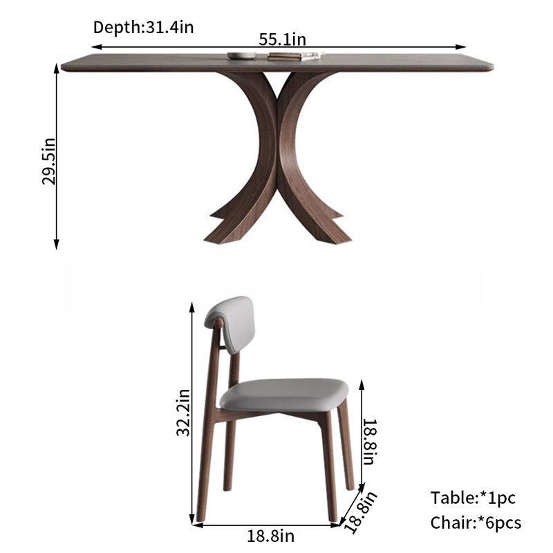Modern Matte Rock-Plate Dining Table Chair Set 6 - Person Pedestal Dining Set, 29.5"H x 55.1"L x 31.4"W