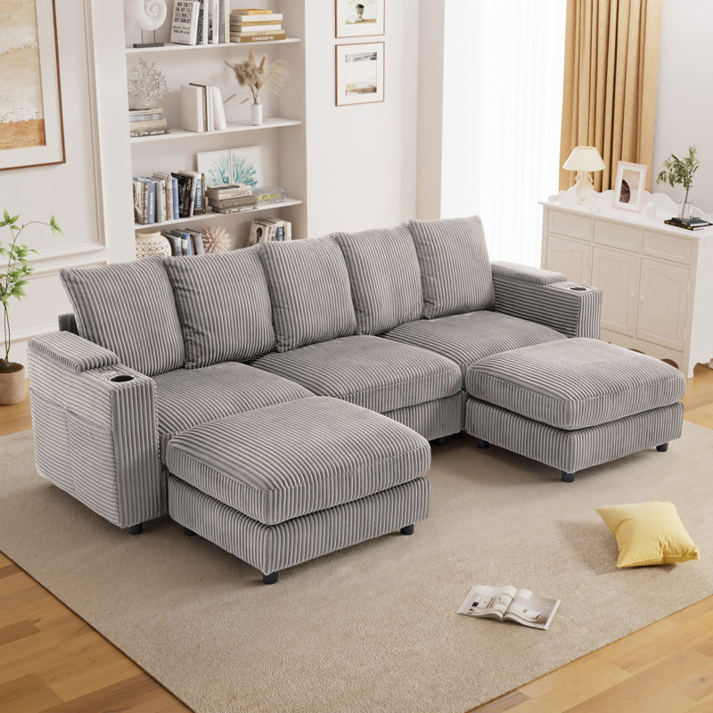 Canapé modulaire surdimensionné en velours côtelé avec sièges profonds, double repose-pieds et ports de charge, Vert