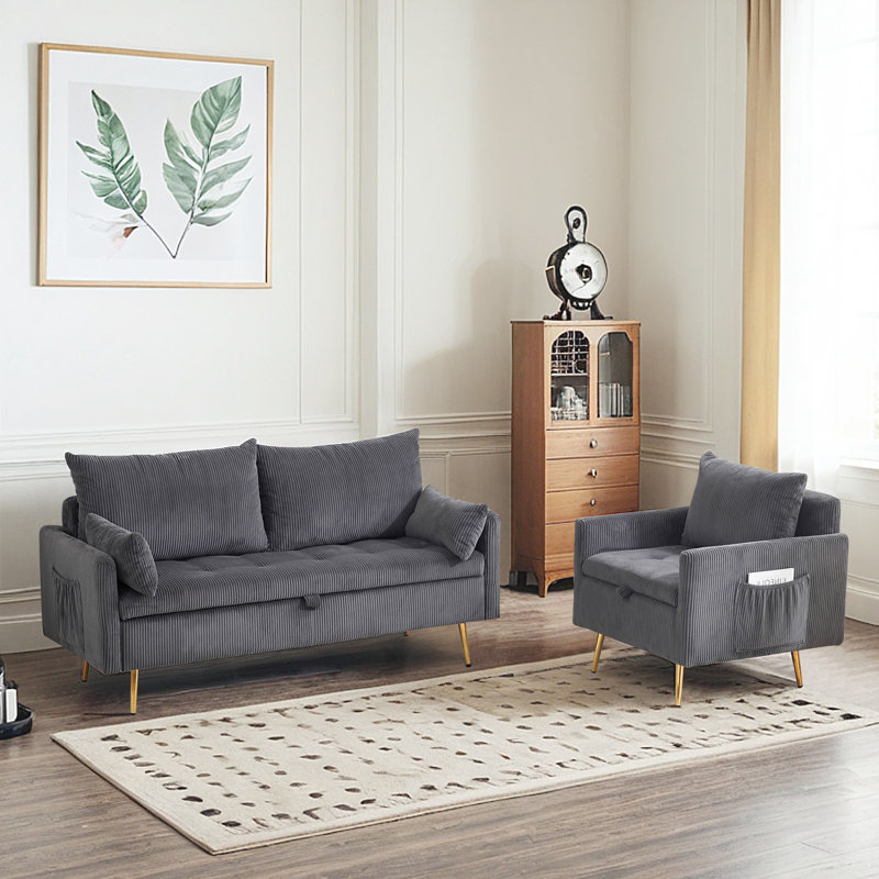 Ensemble de salon 2 pièces rembourré avec rangement, fauteuil simple et canapé 2 places, Gris