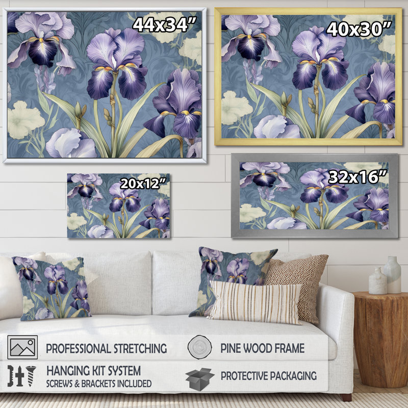 Impression sur toile mauve, vert et iris, Cadre photo blanc, H 24 po x l 32 po x P 1 po