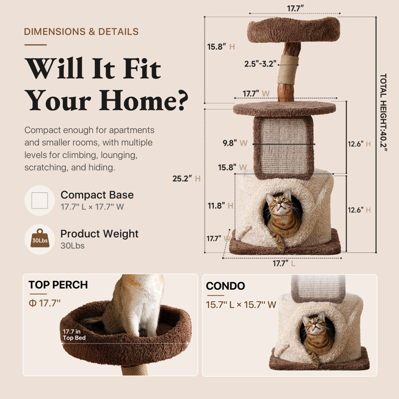 Mid-Century Inspired Solid Wood Cat Tree for Large Cats, Space-Saving for Apartments, 40" H, Brown