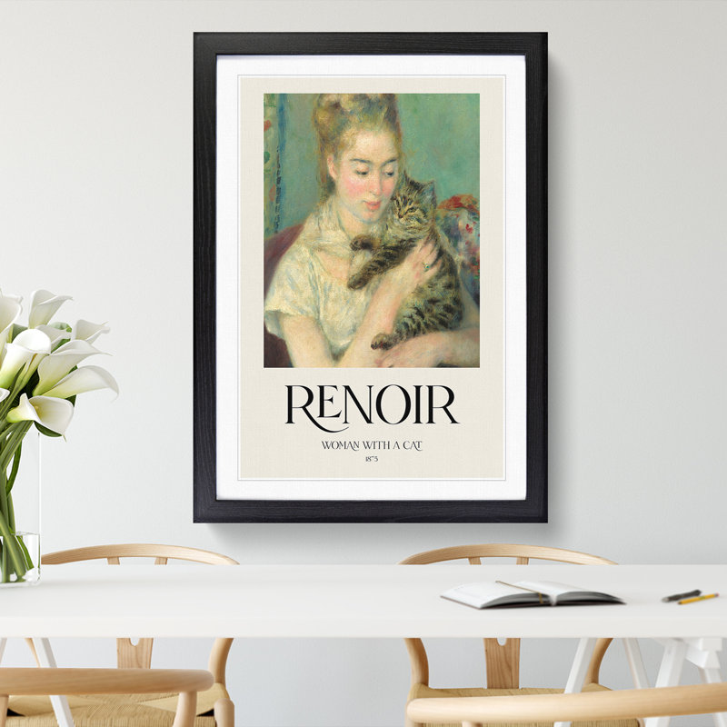 Woman with a Cat Print by Pierre-Auguste Renoir - Picture Frame Painting, Black, 36cm H x 27cm W x 2cm D