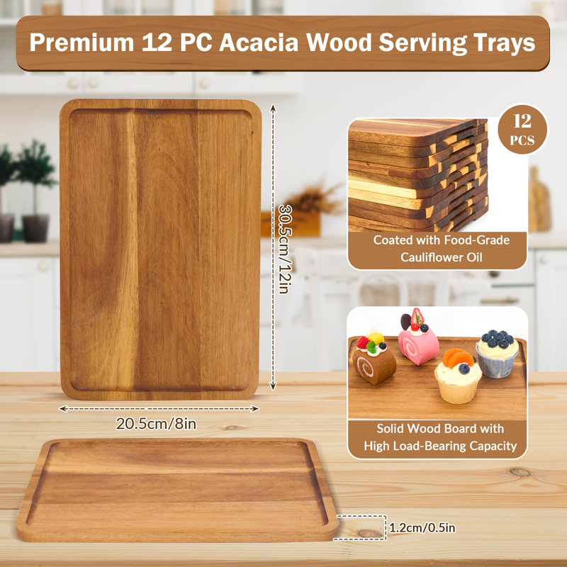12 plateaux de service rectangulaires en bois revêtu de bois d'acacia 12 pièces, 8 po x 12 po