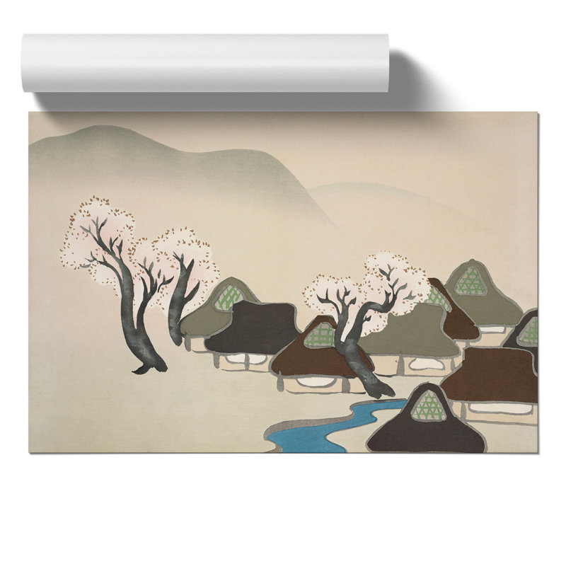 Village with Cherry Blossoms 1 Piece Painting, 21cm H x 30cm W x 0.1cm D