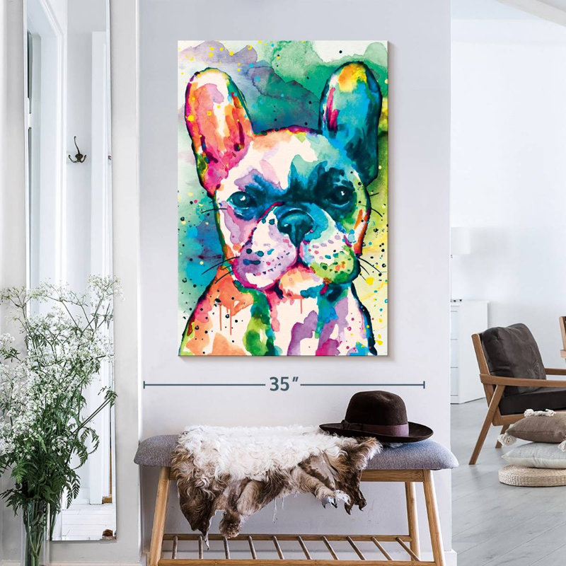 Bouledogue français, peinture sur toile, H 39 po x l 26 po x P 1,25 po