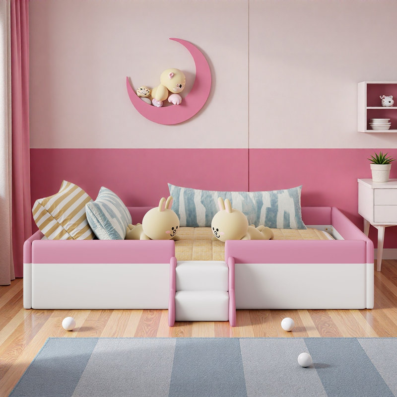 Upholstered Daybed Frame With Fence And Stairs, Full, Pink