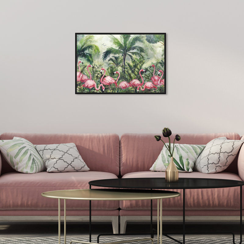 Souvenirs de poupées - Tropiques flamants - peinture, H 16 po x l 24 po, Toile encadrée noire
