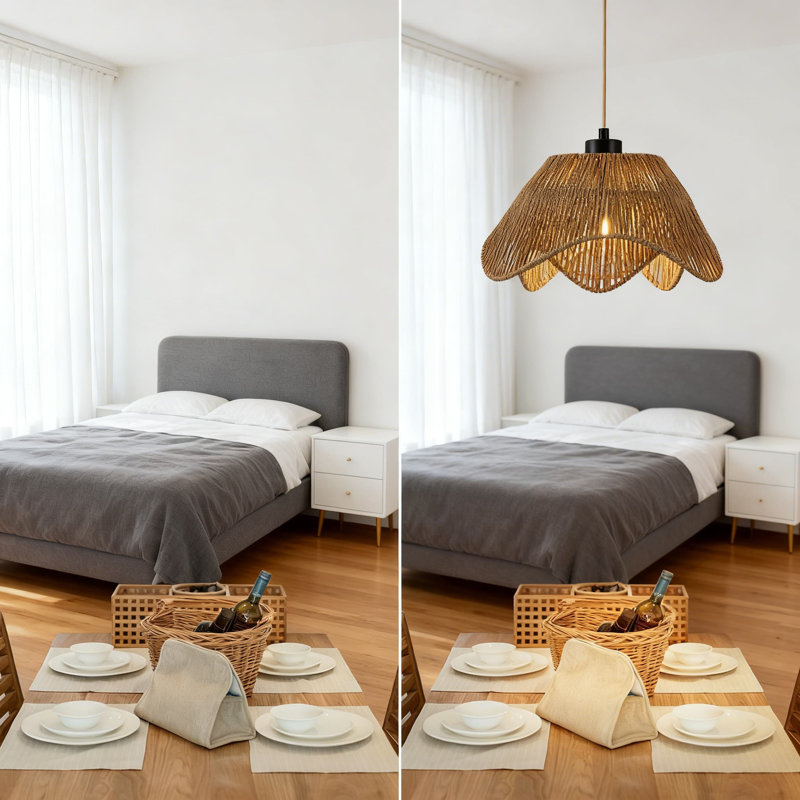 Rattan Pendant Light Fixture With Adjustable Height, Hand Woven Wicker Chandelier For Kitchen Island, Bedroom, Dining Room And Hallway, Flush Mount Boho Ceiling Lamp
