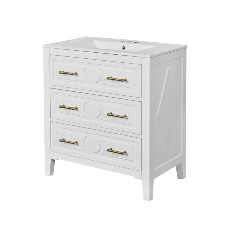 Ensemble de meuble-lavabo autoportant 60 po avec lavabo en céramique 60 po, 3 tiroirs, armoire de rangement en bois massif, blanc
