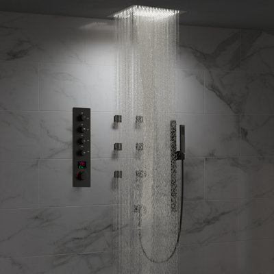 Système de douche thermostatique à affichage numérique, pomme de douche à pluie à 2 fonctions DEL 16 po avec douchette au plafond