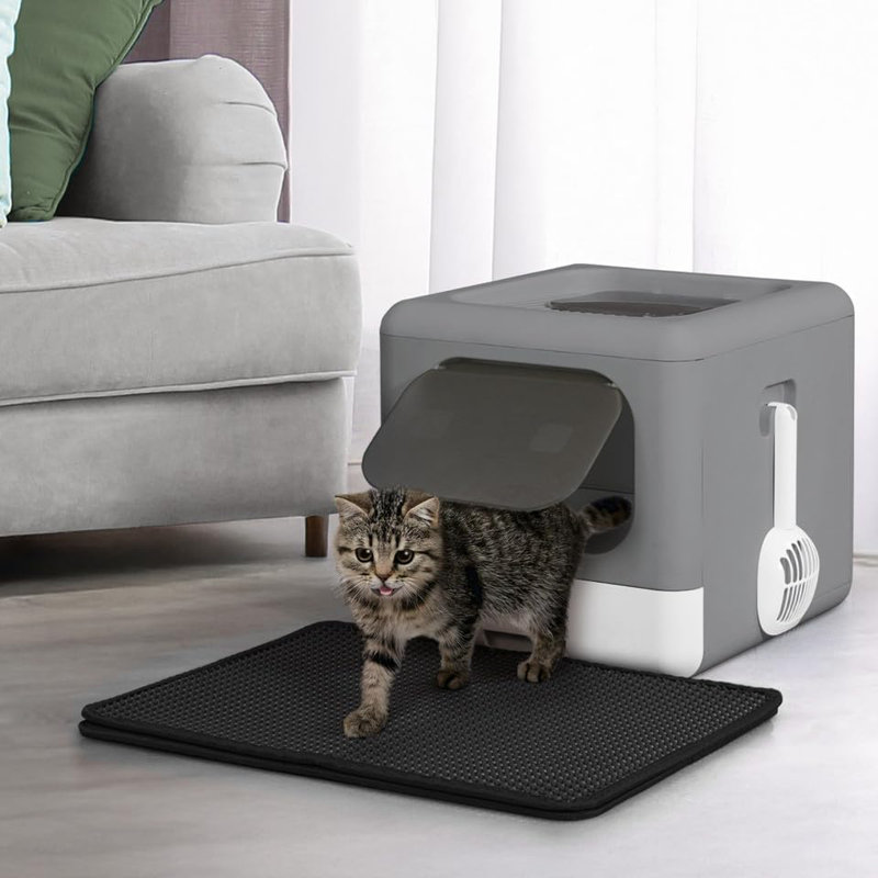 Bac à litière pliable pour chat avec couvercle pour chaton, petit bac d'entrée et de sortie à deux voies avec pelle, tapis pour chat et filtre à odeurs, bac à litière facile à nettoyer, gris foncé