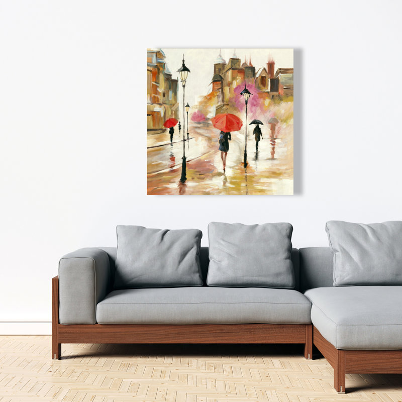 Passersby under their umbrellas - Contemporary Building Canvas
