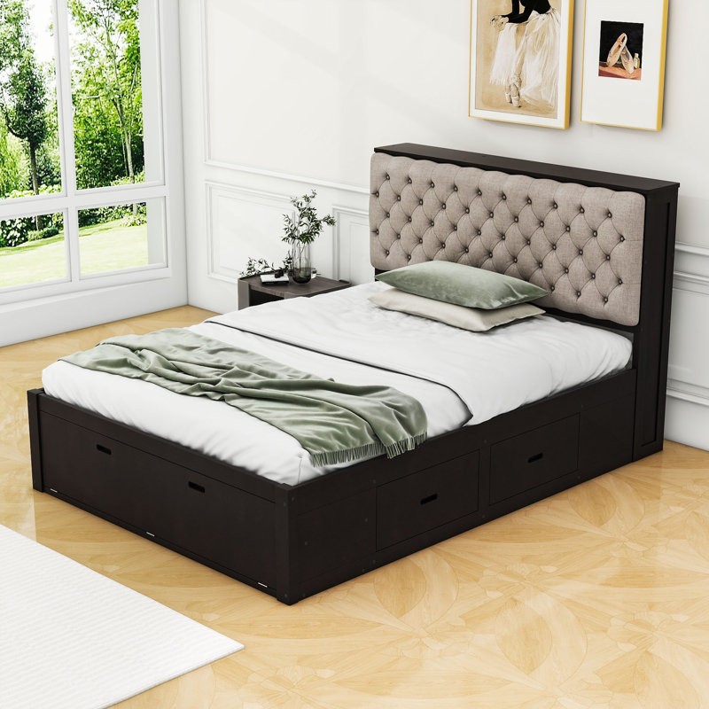 Grand lit plateforme 4 tiroirs en bois avec range-chaussures Caiyden, Espresso