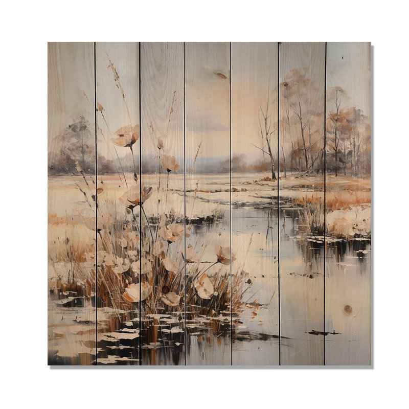 River Meadow Charm in Winter - Art mural en bois sur bois de pin naturel, H 15 po x l 15 po