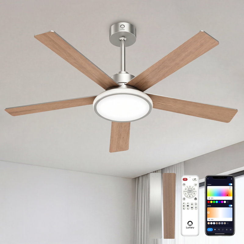 Lumary 52" Smart Ceiling Fan with RGBAI Lights Remote, WiFi Bluetooth Low Profile Ceiling Fan with Alexa/Google/App,Dimmable & Color Tuning, 5"/10" downrods Mount(Silver)