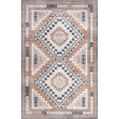 Leighton Medallion Machine Washable Area Rug for Living Room Bedroom Dining Room, Light Orange/Light Beige