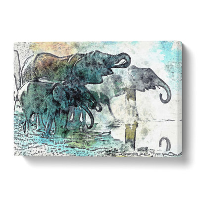 Elephants at the Waterhole - Wrapped Canvas