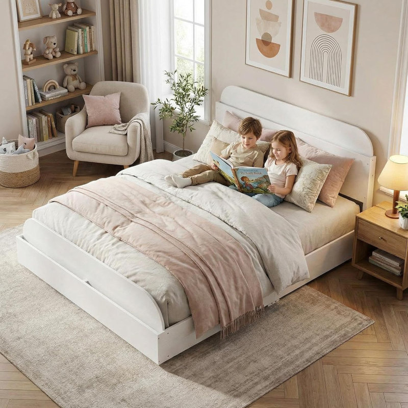 Wooden Bed Frame with Storage Headboard & Footboard, Low Profile Platform Bed with Wooden Slats, No Box Spring Needed, White