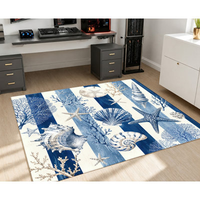 Tapis d'intérieur lavable à la machine, motif coquillages, rayures bleues et blanches, idéal pour le salon, la chambre à coucher, l'entrée, la cuisine, le balcon ou un appartement. Décoration intérieure chaleureuse pour le salon, la chambre à coucher, l'entrée, la cuisine ou un appartement.