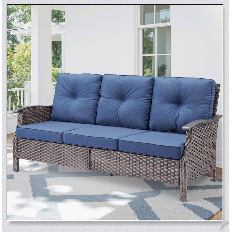 Durable 73.4-Inch Wide Outdoor Wicker Sofa with Blue Cushions for Patio and Garden Comfort