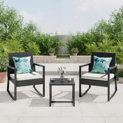 3 Pieces Patio Conversation Sets Outdoor Patio Furniture Set Rocking Bistro Set Rattan Conversation with Coffee Table by Ebern Designs