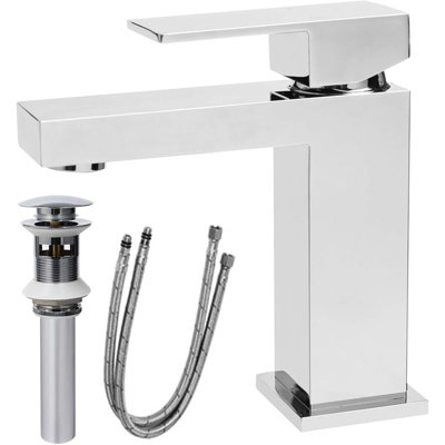 Robinet de salle de bain à poignée simple, robinet de salle de bain à un trou, robinet de lavabo de salle de bain moderne en laiton massif avec lavabo escamotable et tuyaux d'alimentation en eau