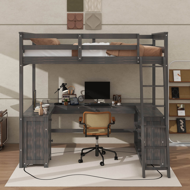 Full Size Loft Bed With Desk, Drawers And Shelves, Antique Brown