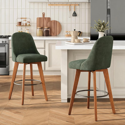 26" Counter Height Bar Stools Set of 2, 360° Swivel, Green | Linen Fabric Upholstered Bar Chairs with Backs and Wood Legs, for Kitchen Island