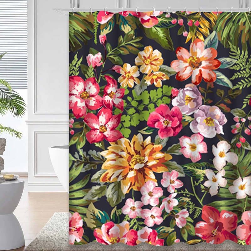 Rideau de douche imperméable avec fleurs tropicales rétro et fleurs hawaïennes avec 12 crochets, L 72 po x l 78 po