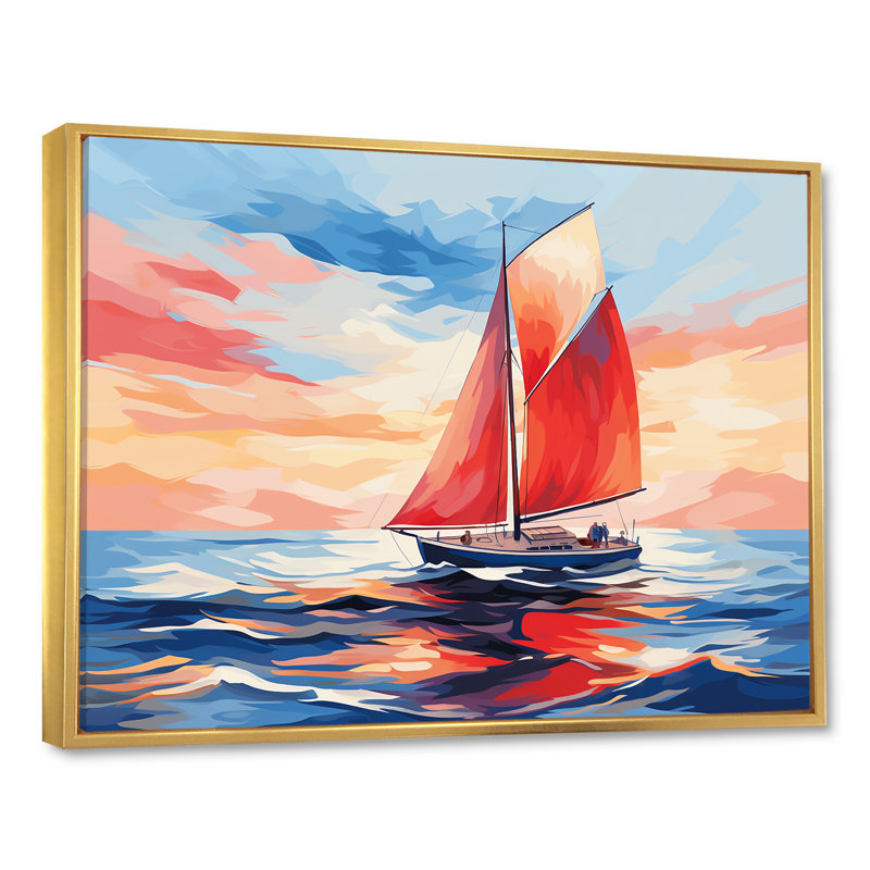 Coucher de soleil sur un bateau à voile I - Bateau, art mural, H 30 po x l 40 po x P 1,5 po, Cadre flottant doré