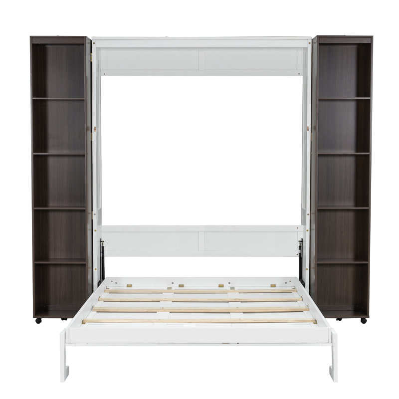 Murphy Bed With Foldable Bookcase, White/Espresso
