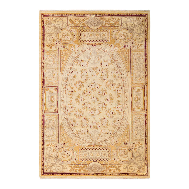 Tapis ivoire / brun noué à la main de conception unique et unique 6 pi 3 po x 9 pi 6 po Oakhur