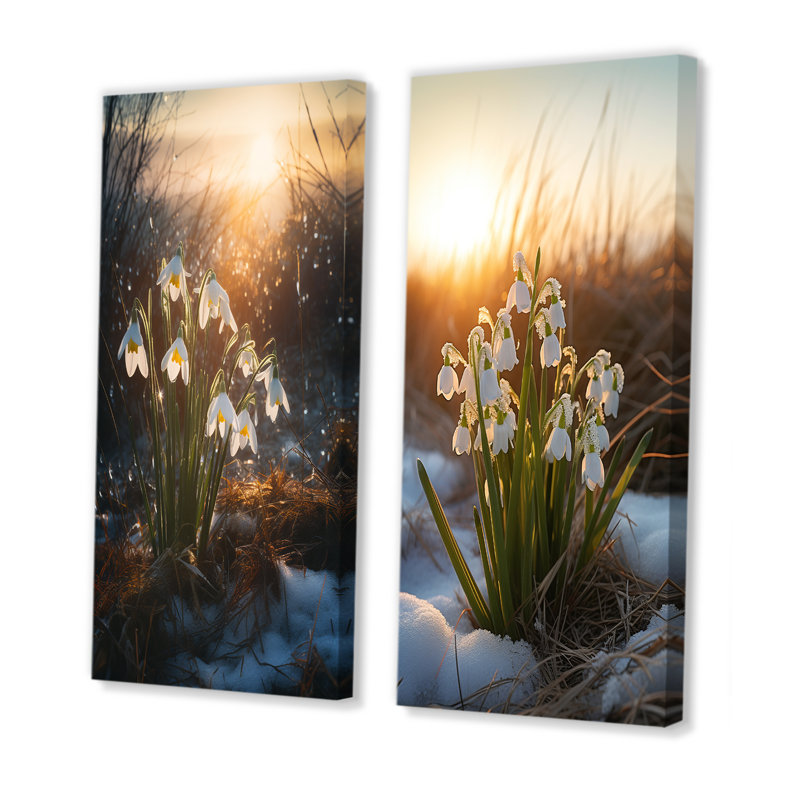 «Green Snowdrops Winter Sunset - Snowdrops», ensemble d'art mural sur toile, Toile tendue, H 32 po x l 33 po