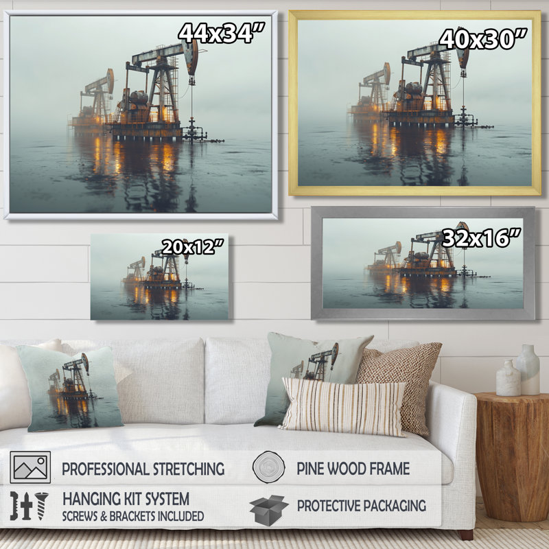 Gris, jaune, hiver, carburant, Futures, plate-forme de pétrole, Toile avec cadre flottant noir, H 30 po x l 40 po x P 1,5 po