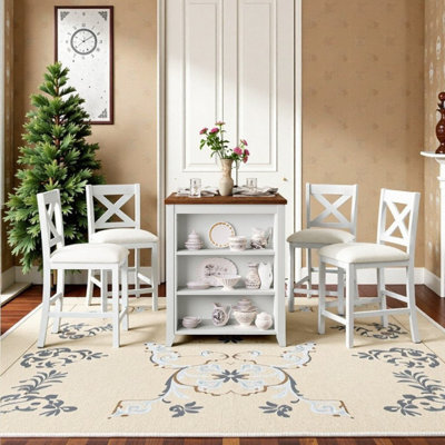 Ensemble de table de salle à manger 5 pièces à hauteur de comptoir en bois avec tablette de rangement et chaises empilables