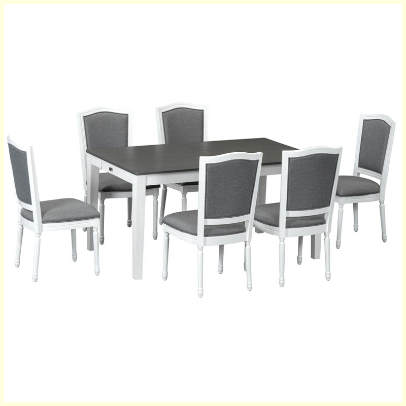 Ensemble de table de salle à manger extensible 78,1 pouces avec rallonge amovible 18 pouces Rustic, Gris foncé / Blanc, Gris