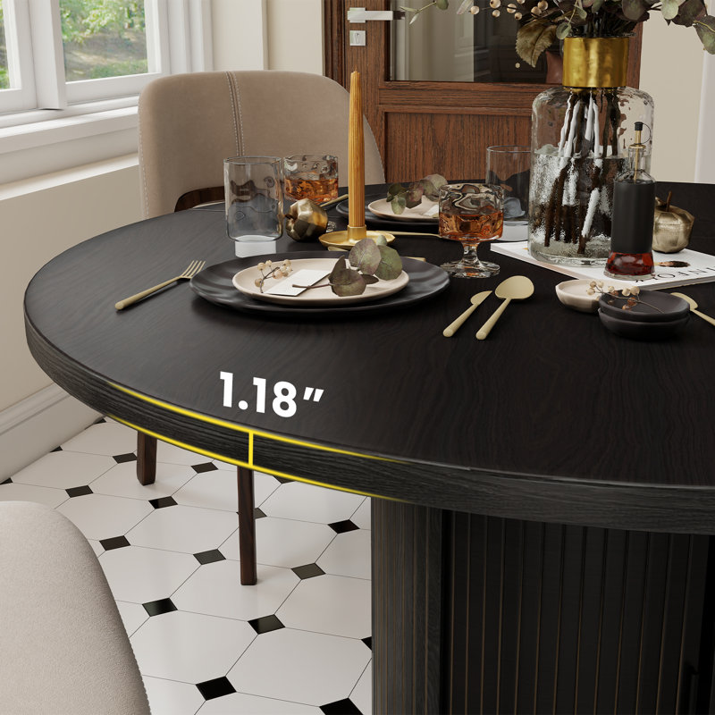 Table de salle à manger ronde de 47 pouces avec tablette de rangement à 2 couches et porte coulissante en bois, Noir