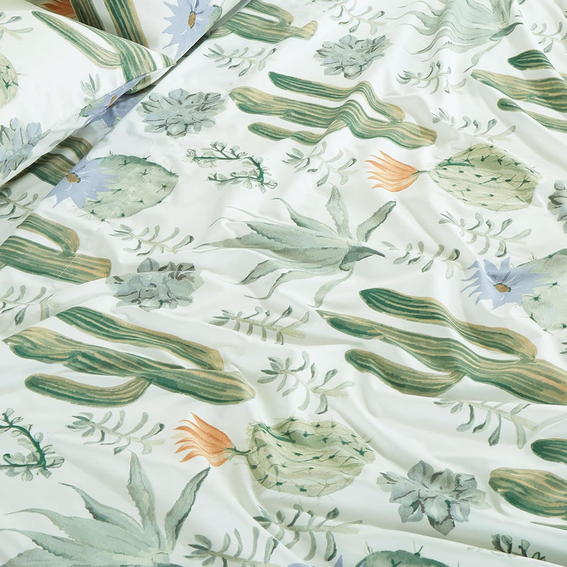 Queen Green Cactus Succulent Print Microfiber Bed Sheet Set