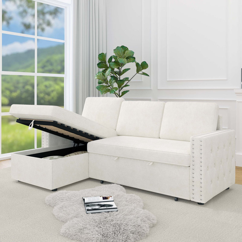 85.8" Pull Out Sleeper Sofa L-Shaped Couch Convertible Sofa Bed with Storage Chaise And Storage Racks, Beige Chenille