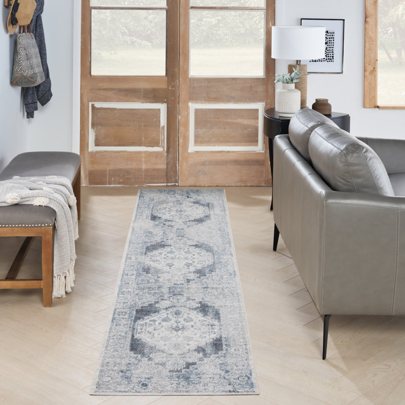 Tapis bleu / ivoire lavable en machine Privette, Tapis de couloir 2 pi 2 po x 12 pi