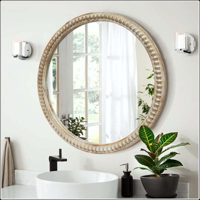 Round Decorative Wall Mirror with Distressed Wood Beaded Frame (31.5 inch)