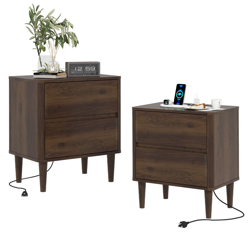 Ensemble de 2 tables de chevet de style milieu du siècle avec poste de recharge, table de chevet et 2 tiroirs, Walnut, 2