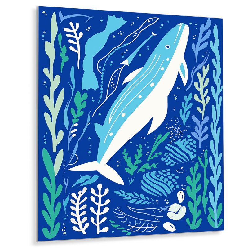 Deep Ocean Whale Retro Illustration - Whale Animal Wall Art Print, No Frame, Metal, 32" H x 16" W