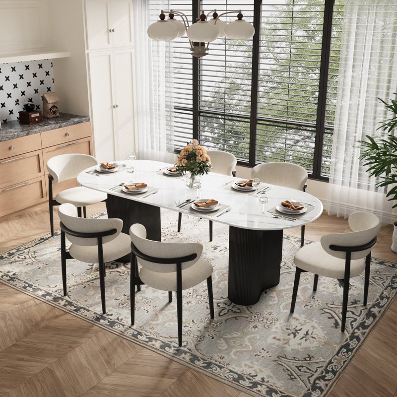 71" Modern Oval Dining Table Set With 6 Dining Chairs, Black