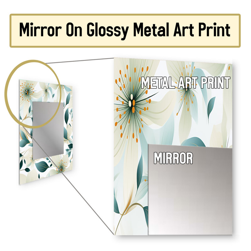 Afza Teal & Ivory Coastal Elegance Floral Pattern - Floral Unique Mirror, Cottage Large Wall Mirror, Printed Metal Art