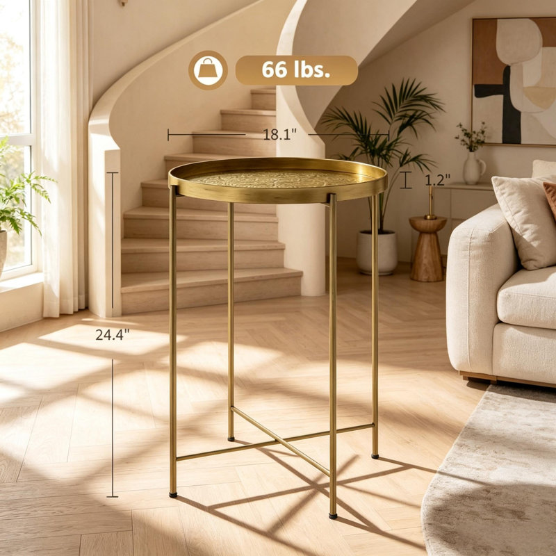 Table d'appoint ronde en métal doré, plateau à motif martelé, table d'appoint circulaire multifonctionnelle pour salon ou chambre.